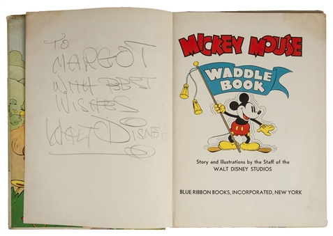 Incredible Walt Disney Signed Mickey Mouse Waddle Book (PSA Mint 9) Extremely Early Signature